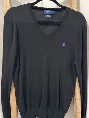 Polo by Ralph Lauren Black Women’s V-Neck Sweater with Purple Pony